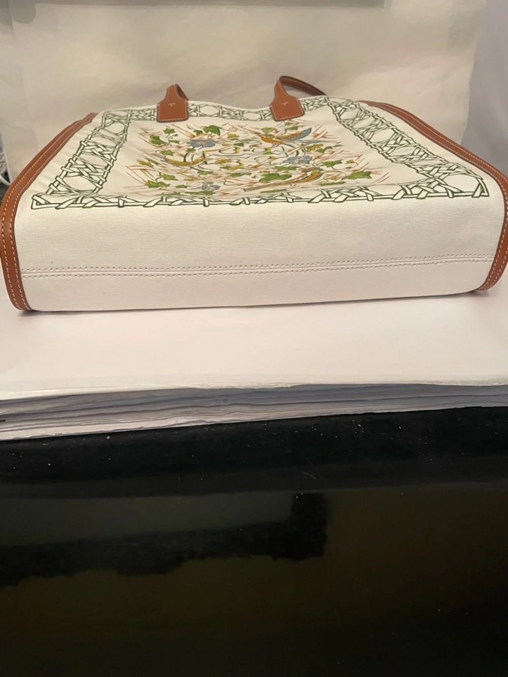 Tory Burch Ella Floral & Bird Canvas Tote cream with Brown‎ Trim